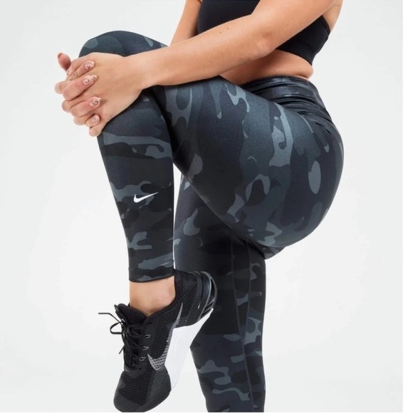 NIKE DRI-FIT ONE MID-RISE Shiny CAMO LEGGINGS - Picture 1 of 8
